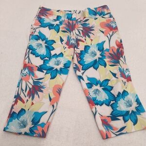 WORTHINGTON Womens Floral Print Dress Casual Capris Sz 10 Blue,  Coral Lime EUC